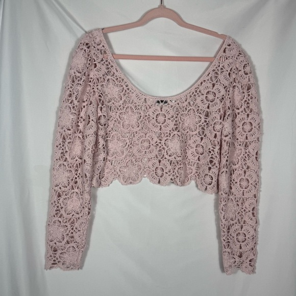 Zara Blush Pink Crochet Lace-Look Long Sleeve Crop Top, Size Large, NWOT. Boho - Picture 11 of 15